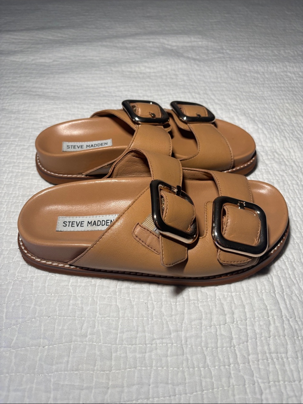 Steve Madden Cognac Double-Buckle Slide Sandals - Picture 4 of 9